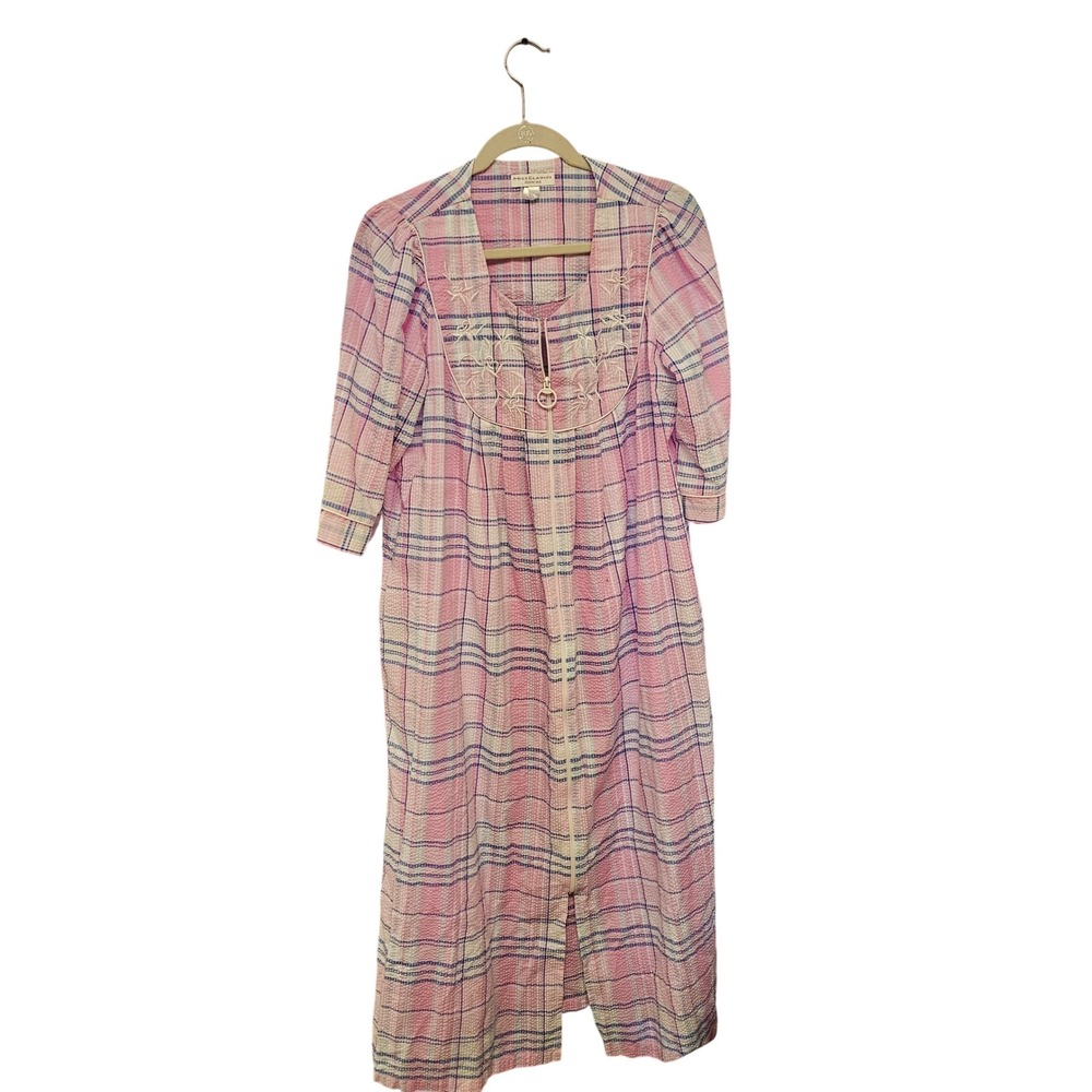 Miss Elaine Essentials Pink Plaid Seersucker Zip Front House Dress Lounger Large
